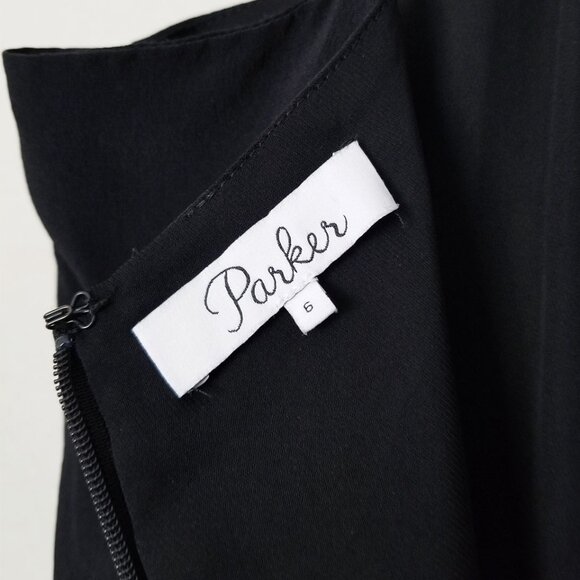 Parker 100% Silk Ellender Ruffle Slit Midi Dress Sz 6 Black Slip Asymmetric $378 - Picture 7 of 12